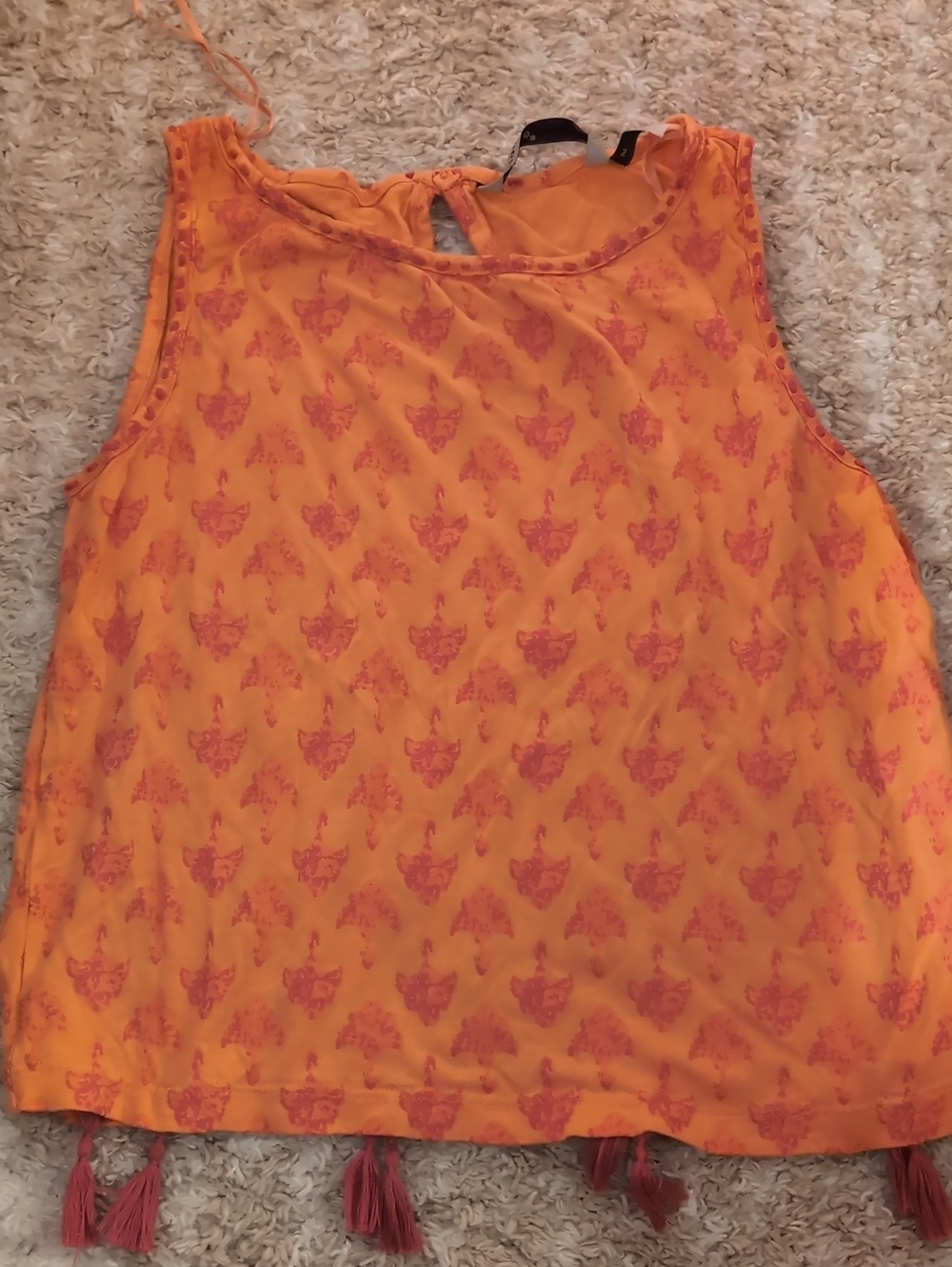 Women's Orange Printed Sleeveless Top with Tassel Hem